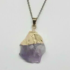 Genuine Amethyst Crystal Polished & Dipped In 14 Kt. Gold Pendant Necklace